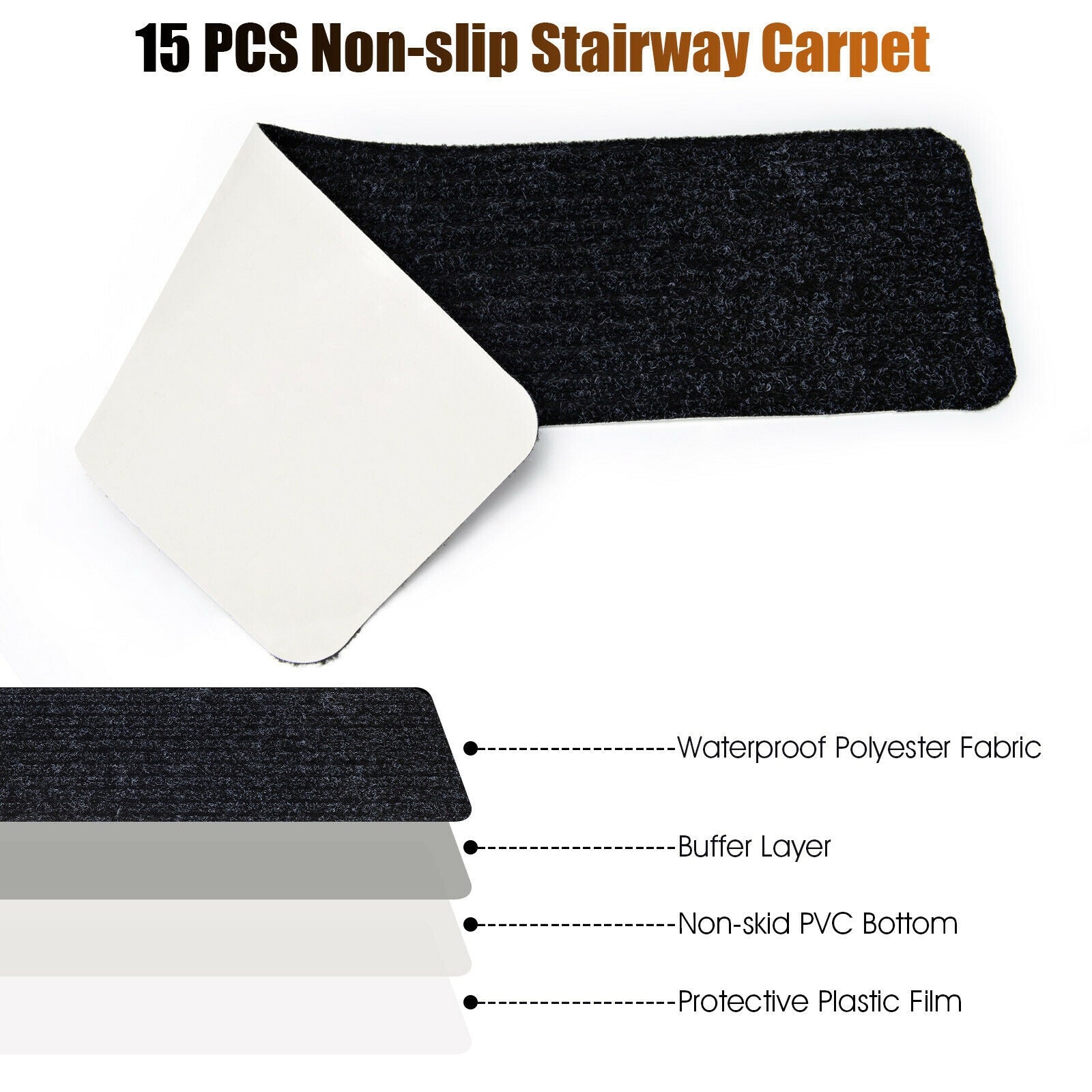15 Pieces 30 x 8 Inch Slip Resistant Soft Stair Treads Carpet, Black Rugs at Gallery Canada
