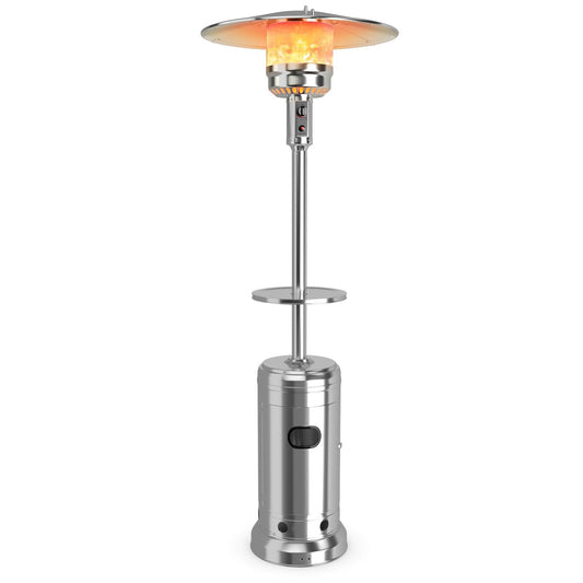 Outdoor Heater Propane Standing LP Gas Steel with Table and Wheels, Silver - Gallery Canada