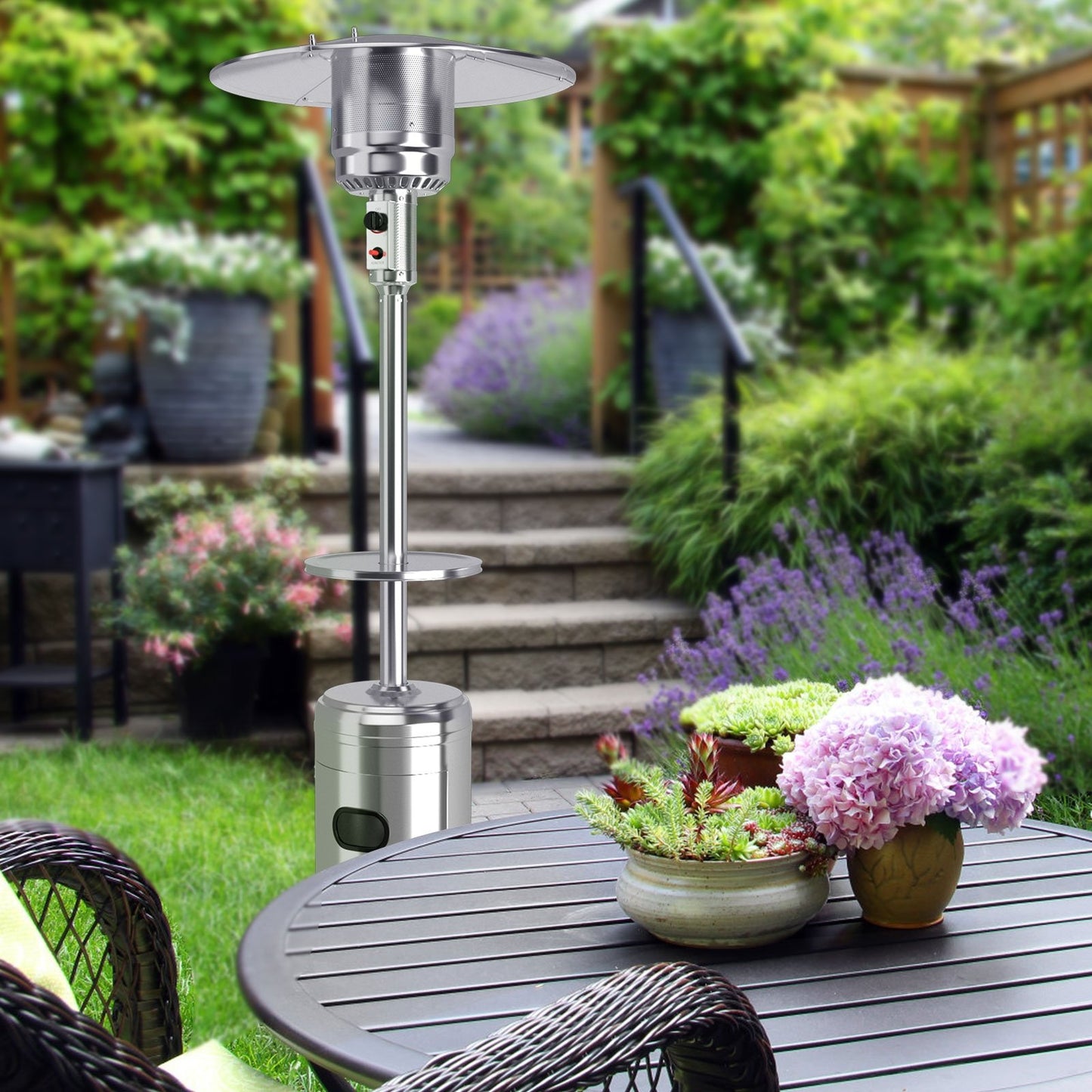 Outdoor Heater Propane Standing LP Gas Steel with Table and Wheels, Silver Patio Heaters   at Gallery Canada