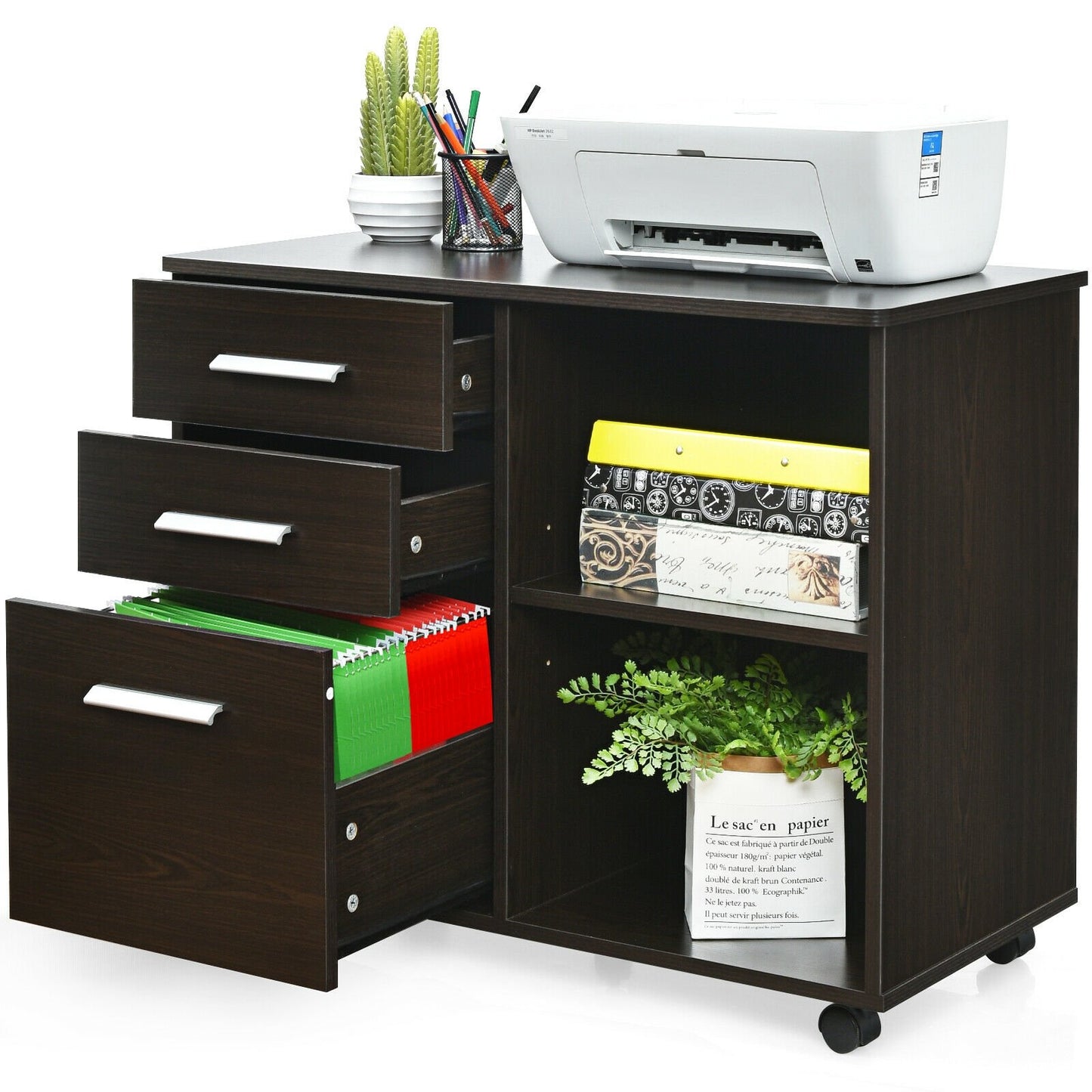 3-Drawer Mobile Lateral File Cabinet Printer Stand, Dark Brown - Gallery Canada