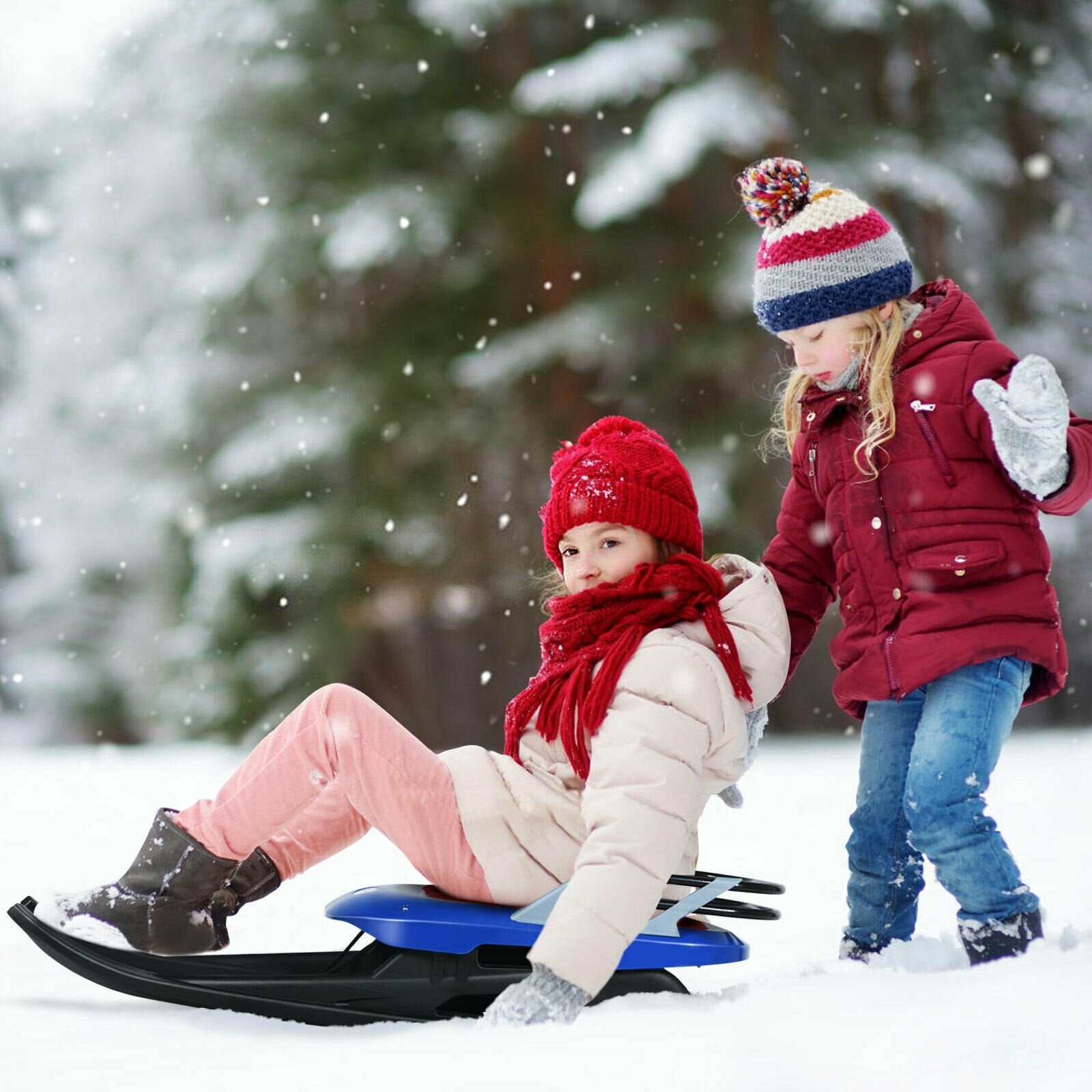 Folding Kids' Metal Snow Sled with Pull Rope Snow Slider and Leather Seat, Blue Winter Sports & Activities   at Gallery Canada