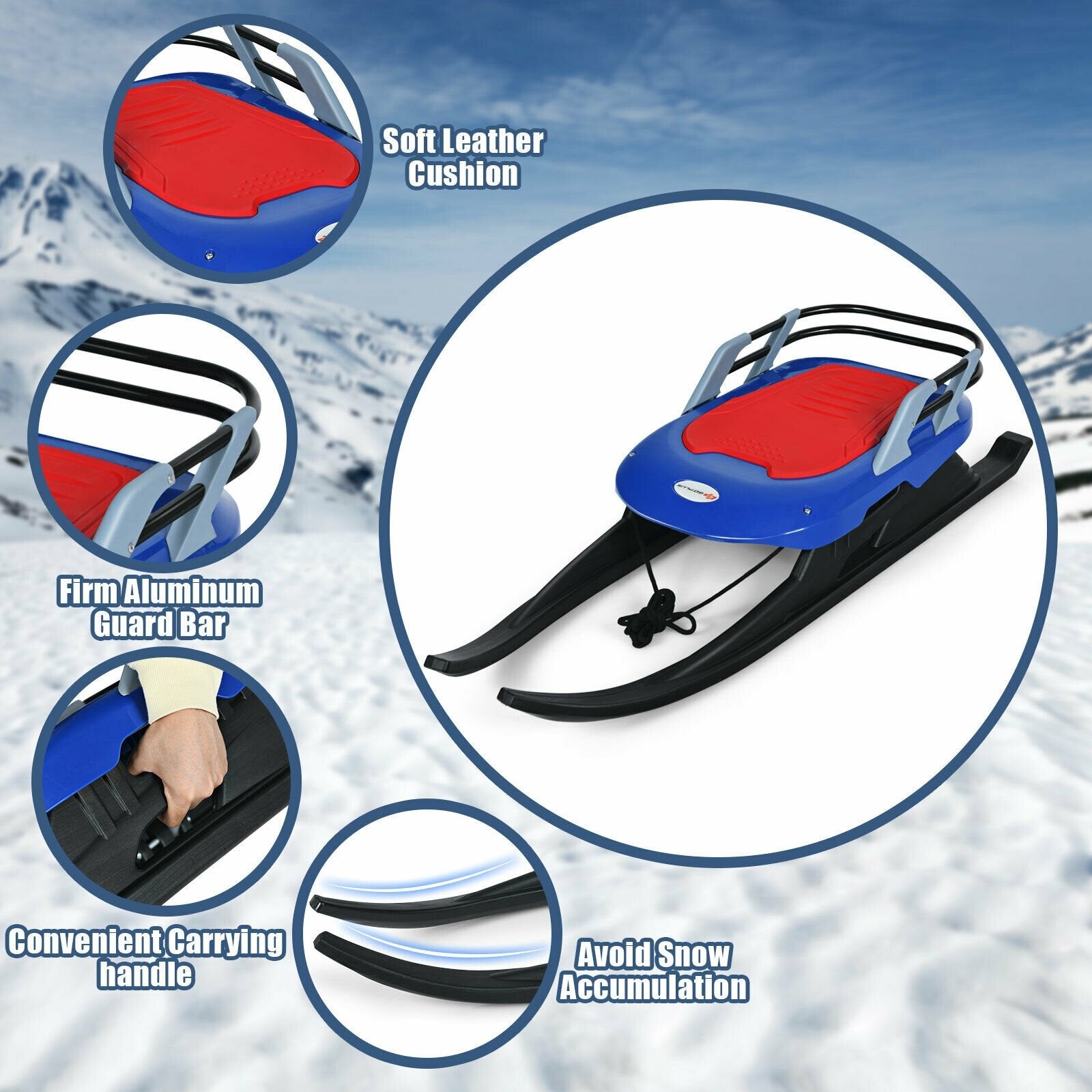 Folding Kids' Metal Snow Sled with Pull Rope Snow Slider and Leather Seat, Blue Winter Sports & Activities   at Gallery Canada