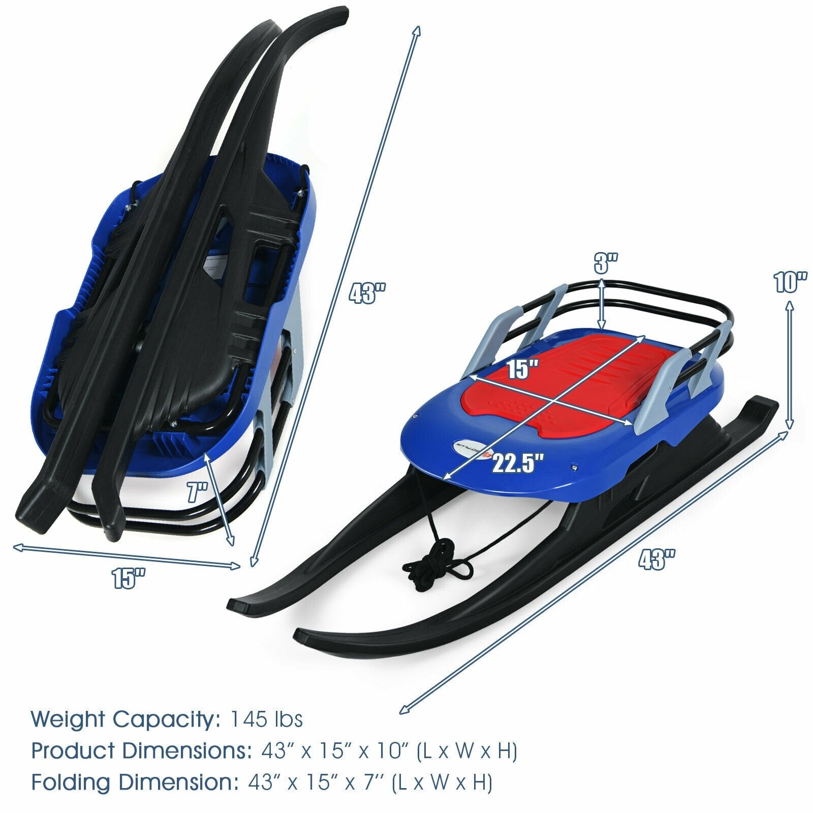 Folding Kids' Metal Snow Sled with Pull Rope Snow Slider and Leather Seat, Blue Winter Sports & Activities   at Gallery Canada