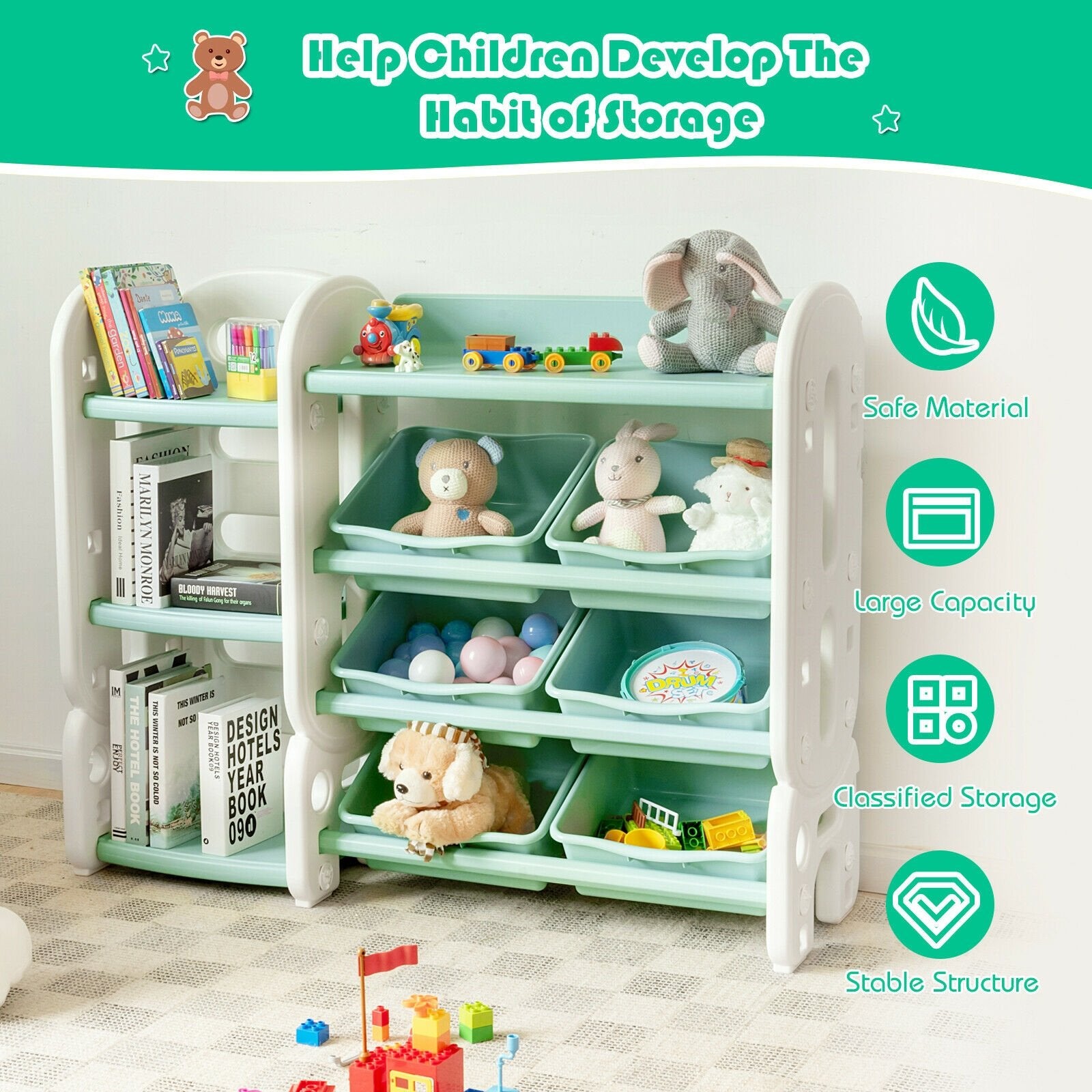 Kids Toy Storage Organizer with Bins and Multi-Layer Shelf for Bedroom Playroom, Green Kids Storage   at Gallery Canada