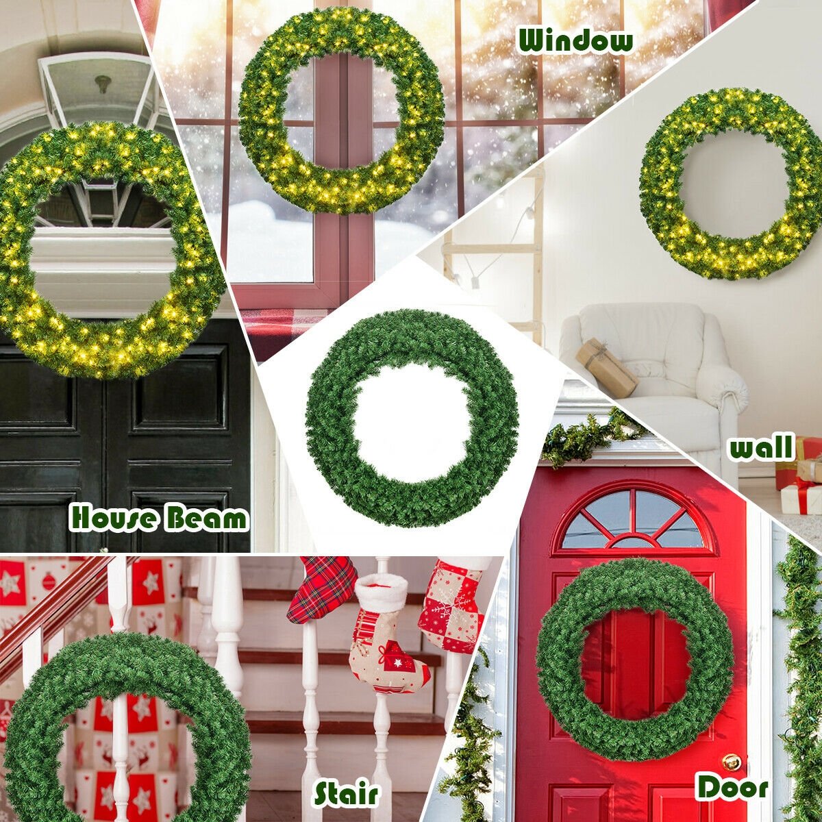 48 Inch Pre-lit Cordless Artificial Christmas Wreath, Green Christmas Decor & Accessories   at Gallery Canada