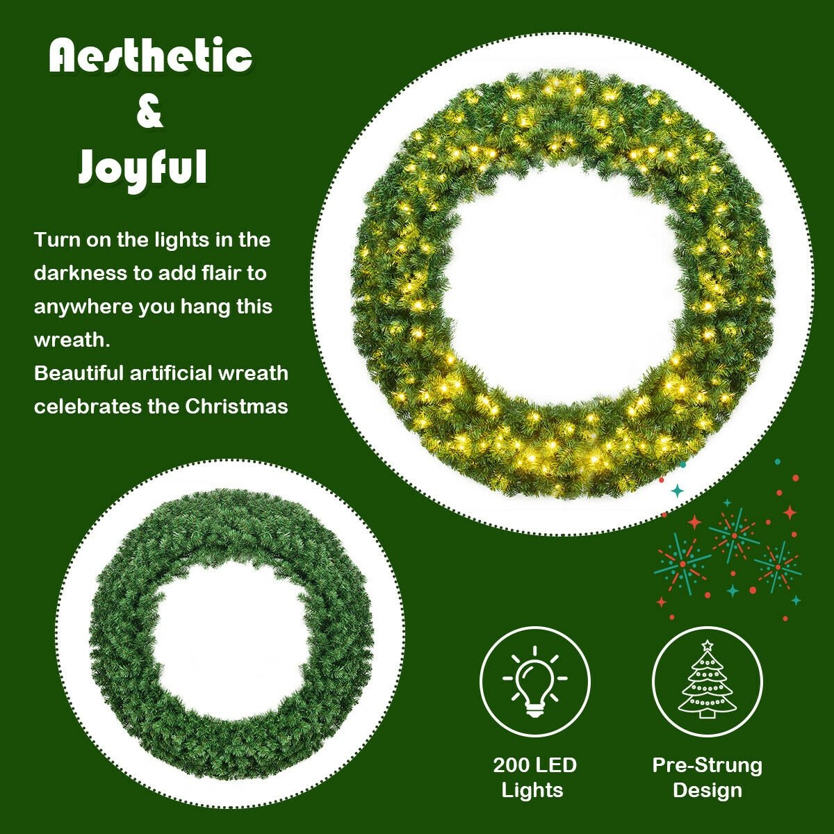 48 Inch Pre-lit Cordless Artificial Christmas Wreath, Green Christmas Decor & Accessories   at Gallery Canada