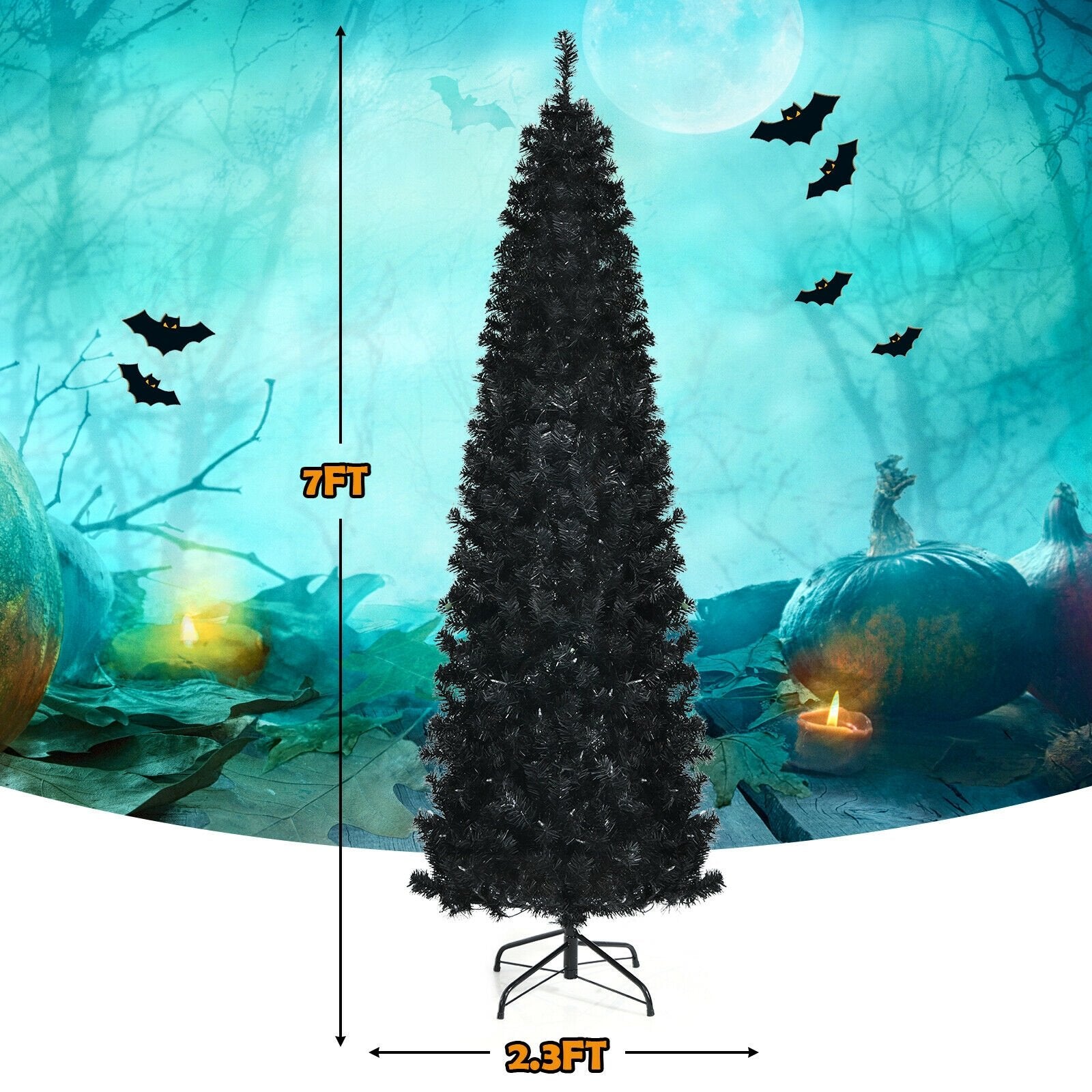 Pre-lit Christmas Halloween Tree with PVC Branch Tips and Warm White Lights-7', Black - Gallery Canada