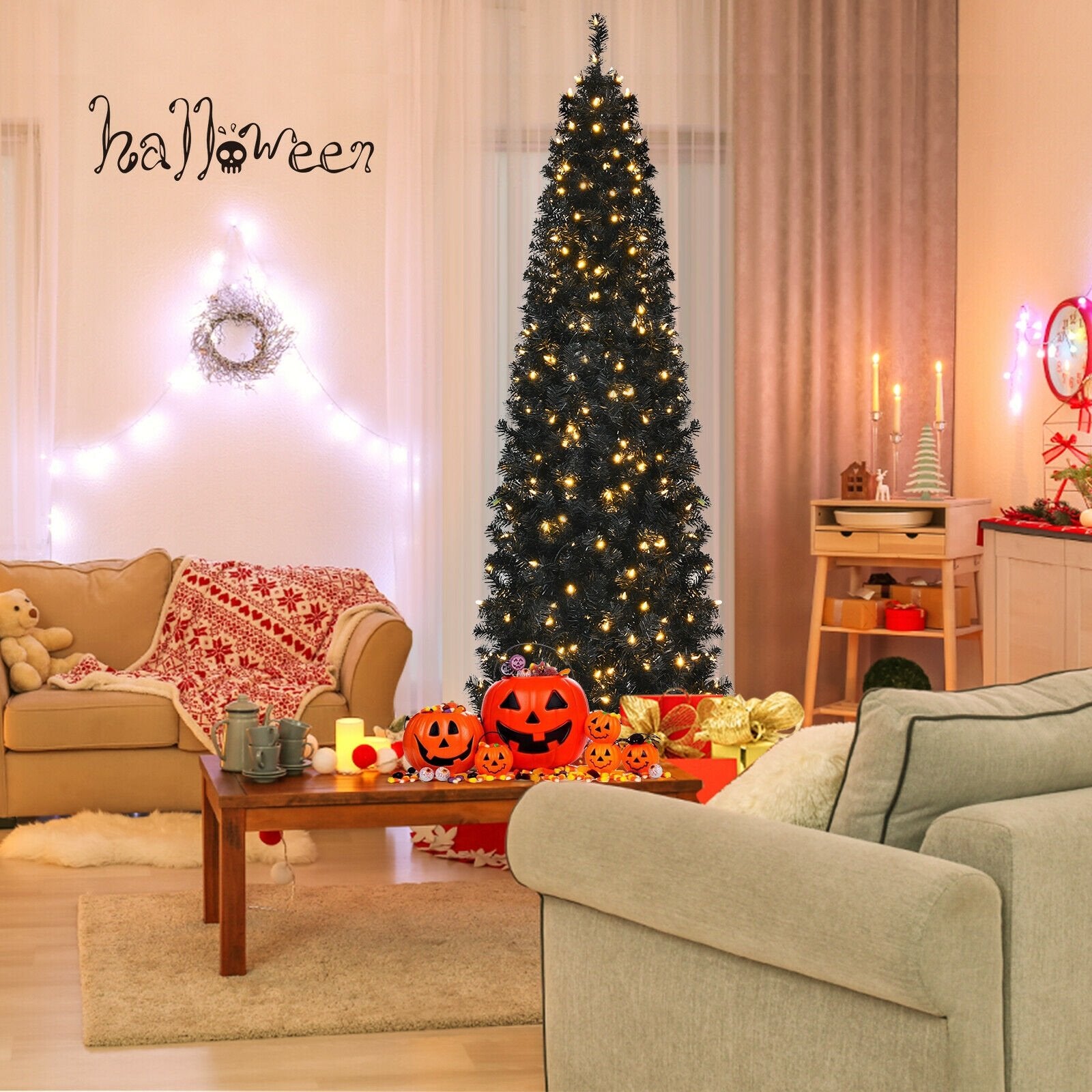 Pre-lit Christmas Halloween Tree with PVC Branch Tips and Warm White Lights-7', Black - Gallery Canada