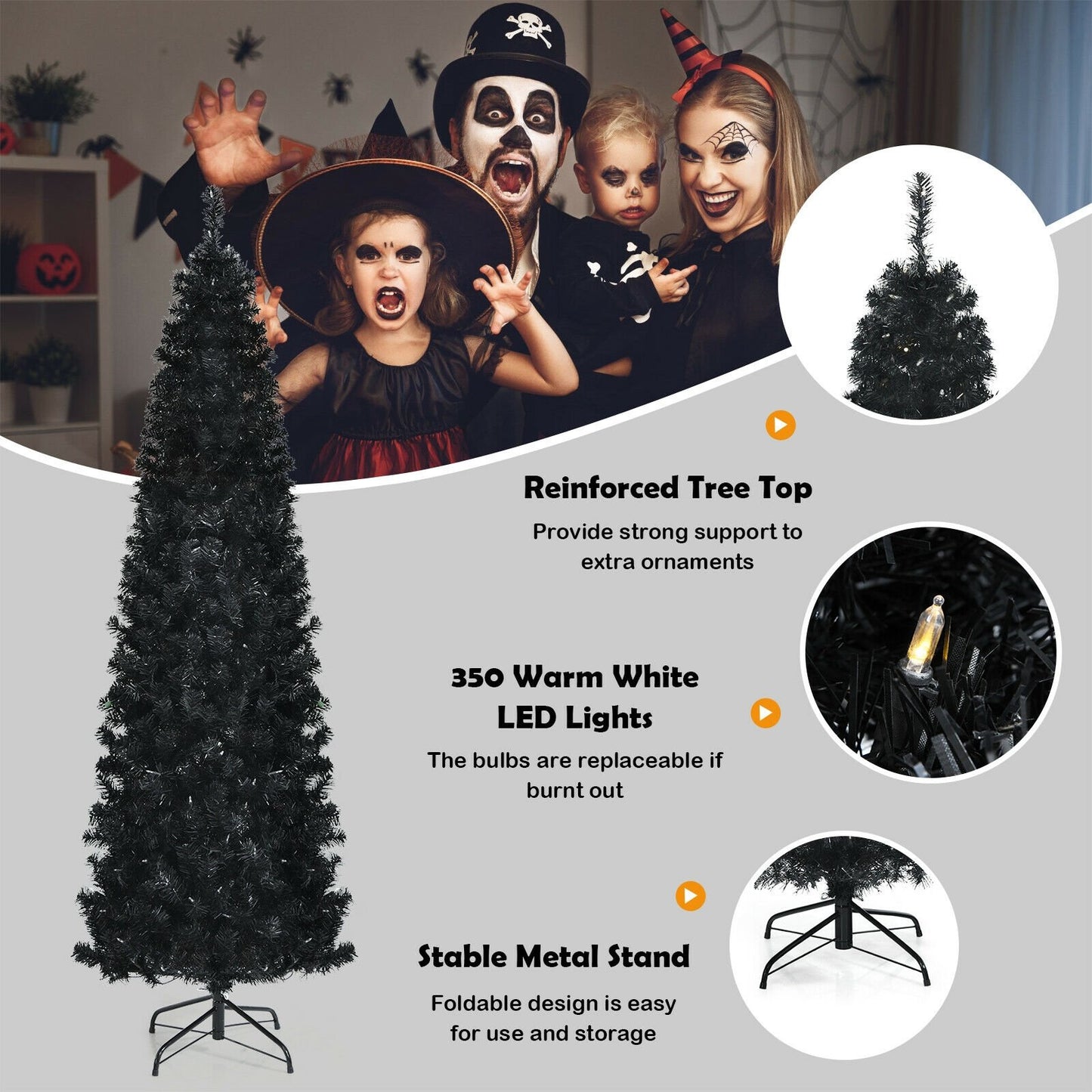 Pre-lit Christmas Halloween Tree with PVC Branch Tips and Warm White Lights-7', Black - Gallery Canada
