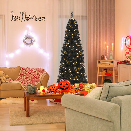 Pre-lit Christmas Halloween Tree with PVC Branch Tips and Warm White Lights-6', Black