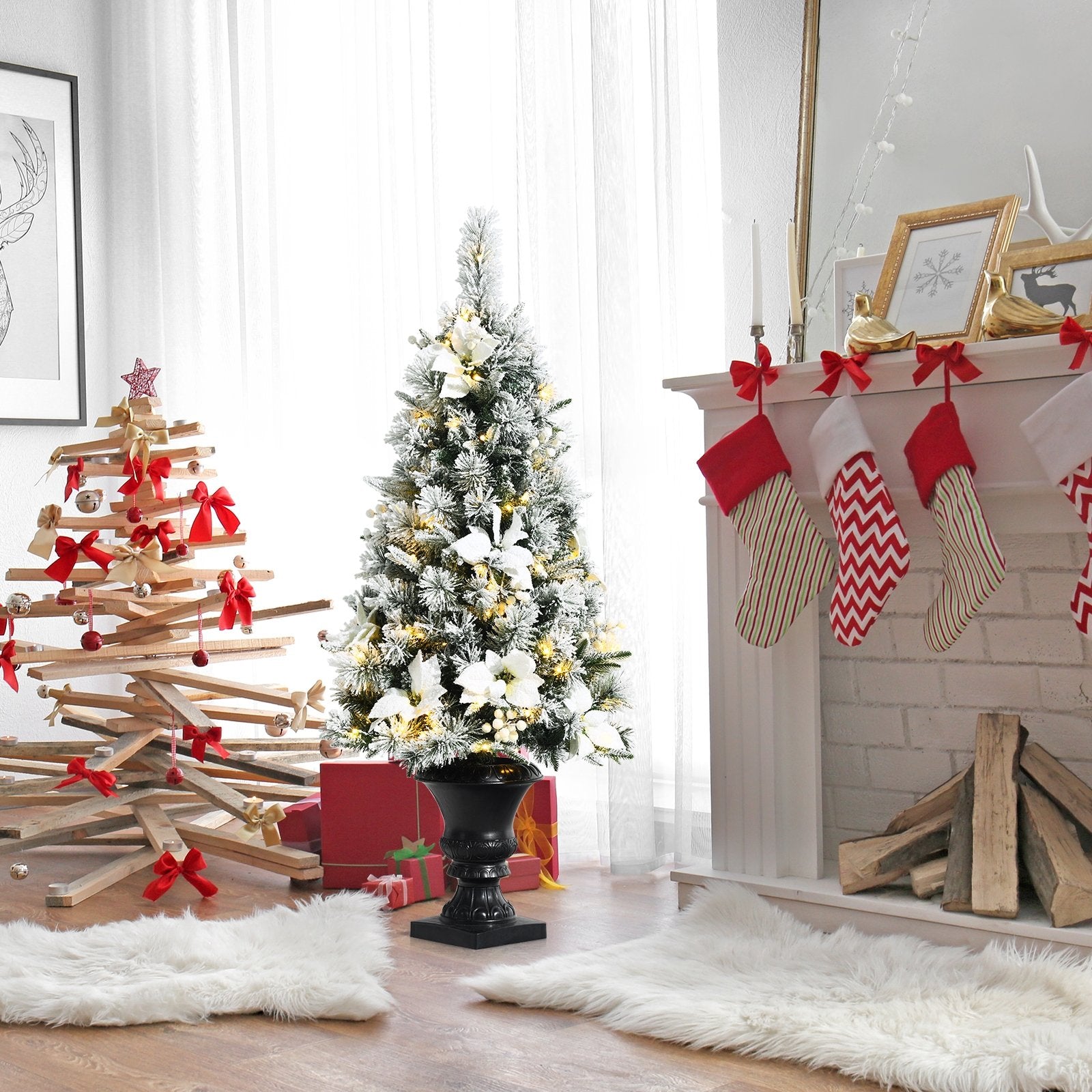 4 Feet Pre-lit Snowy Christmas Entrance Tree with White Berries and Flowers, Green Christmas Tree   at Gallery Canada