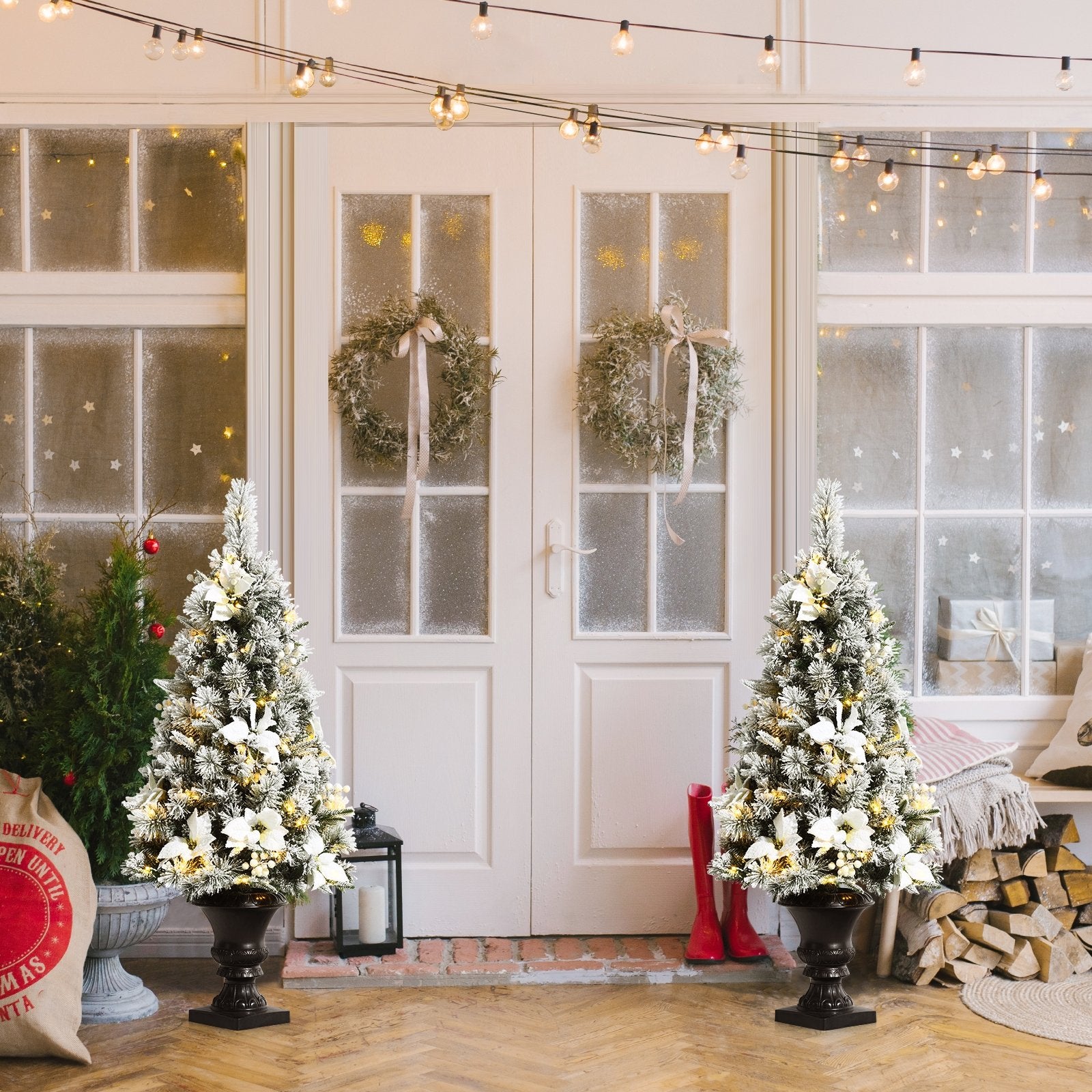 4 Feet Pre-lit Snowy Christmas Entrance Tree with White Berries and Flowers, Green Christmas Tree   at Gallery Canada