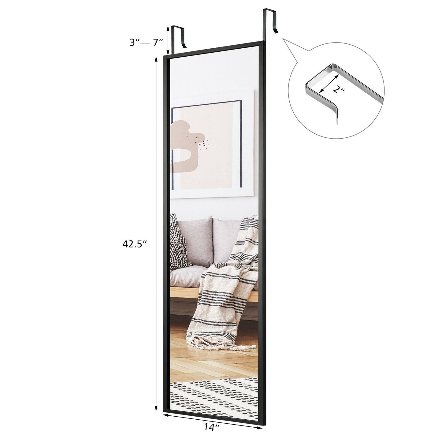 Full Length Metal Door Mirror with Adjustable Hook, Black Wall Mirrors   at Gallery Canada