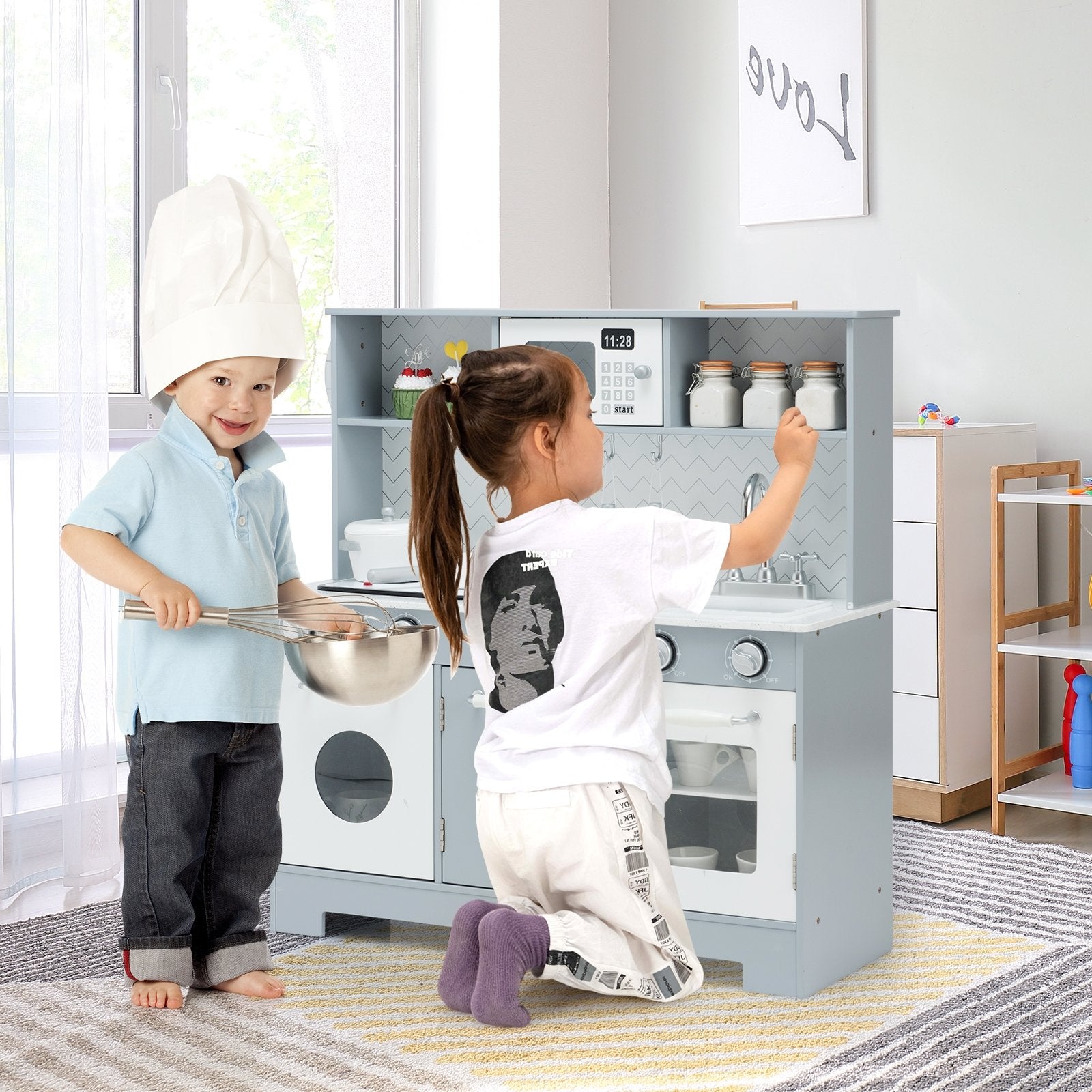 Pretend Play Kitchen Wooden Toy Set for Kids with Realistic Light and Sound, Gray & White - Gallery Canada