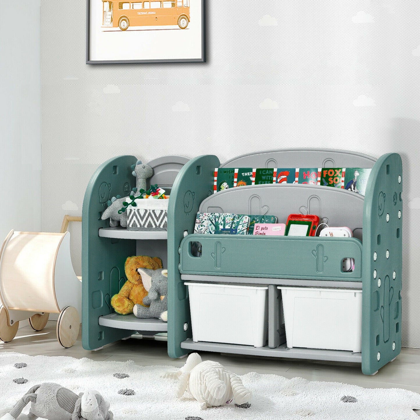 Kids Toy Storage Organizer with 2-Tier Bookshelf and Plastic Bins, Green Kids Storage at Gallery Canada