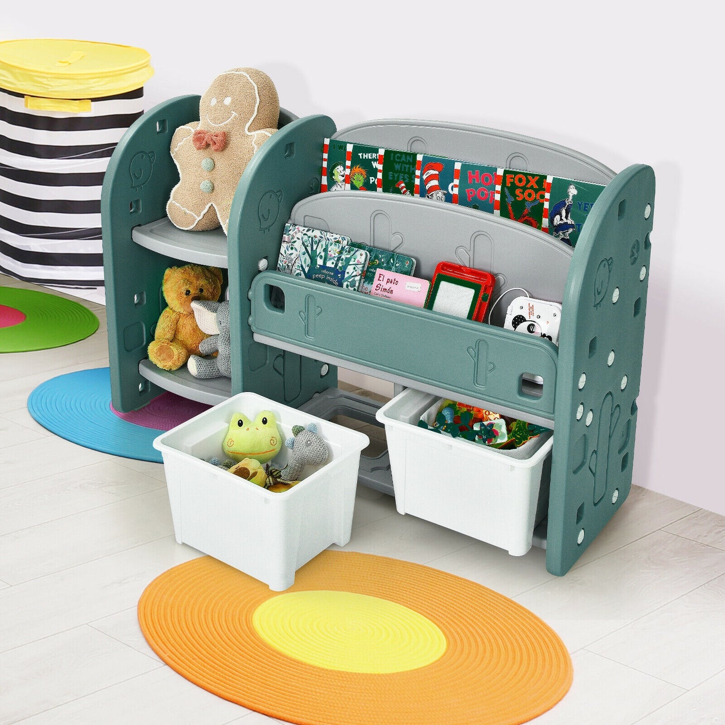 Kids Toy Storage Organizer with 2-Tier Bookshelf and Plastic Bins, Green Kids Storage at Gallery Canada