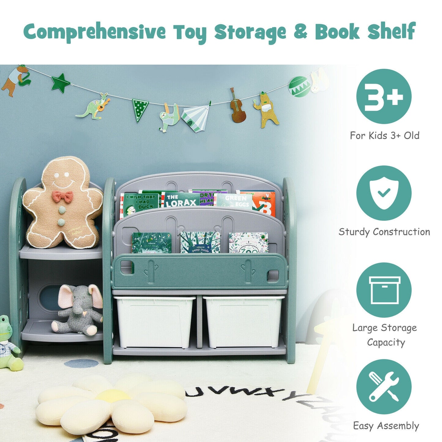 Kids Toy Storage Organizer with 2-Tier Bookshelf and Plastic Bins, Green Kids Storage at Gallery Canada