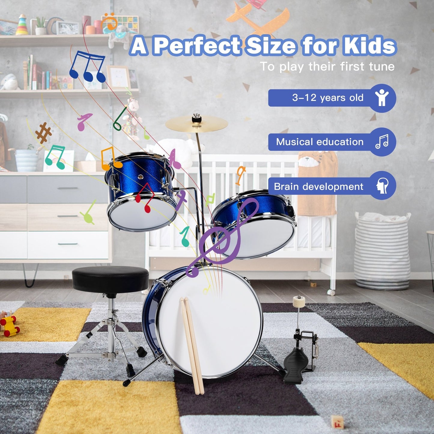 5 Pieces Junior Drum Set with 5 Drums, Blue Drums & Percussion   at Gallery Canada