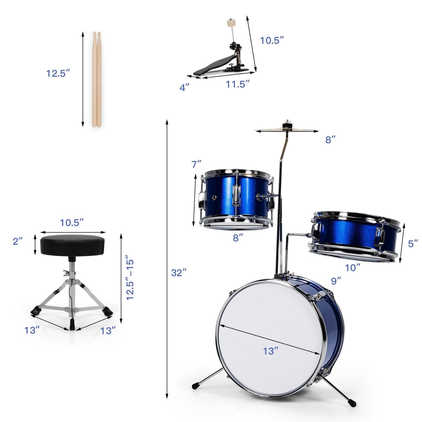 5 Pieces Junior Drum Set with 5 Drums, Blue Drums & Percussion   at Gallery Canada