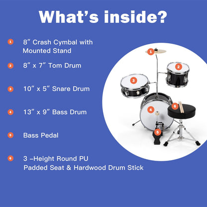 5 Pieces Junior Drum Set with 5 Drums, Black Drums & Percussion   at Gallery Canada