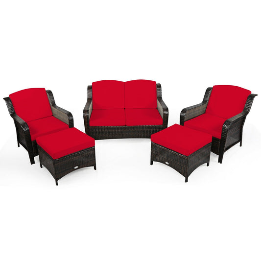 5PCS Patio Rattan Sofa Set with Cushion and Ottoman, Red - Gallery Canada