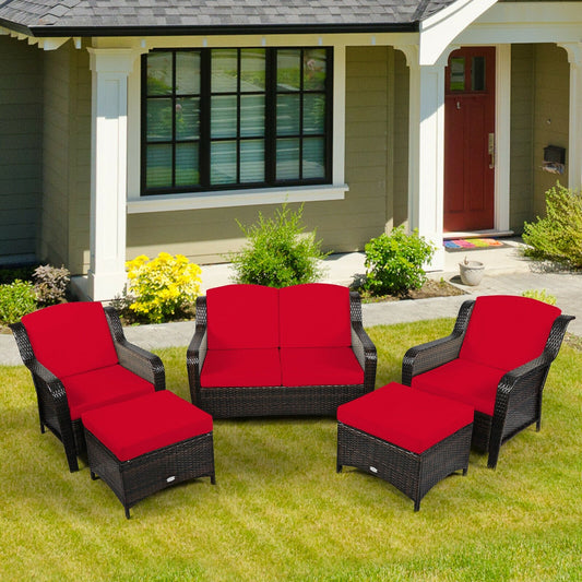 5PCS Patio Rattan Sofa Set with Cushion and Ottoman, Red Outdoor Sectionals   at Gallery Canada