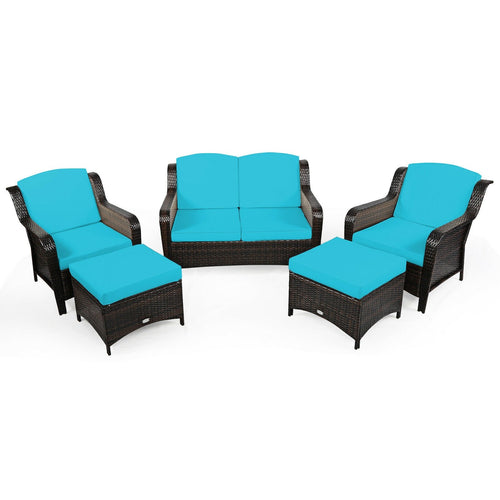 5 Pieces Patio Rattan Sofa Set with Cushion and Ottoman, Turquoise