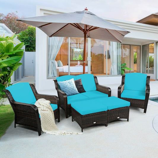 5 Pieces Patio Rattan Sofa Set with Cushion and Ottoman, Turquoise Outdoor Sectionals   at Gallery Canada