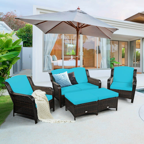 5 Pieces Patio Rattan Sofa Set with Cushion and Ottoman, Turquoise