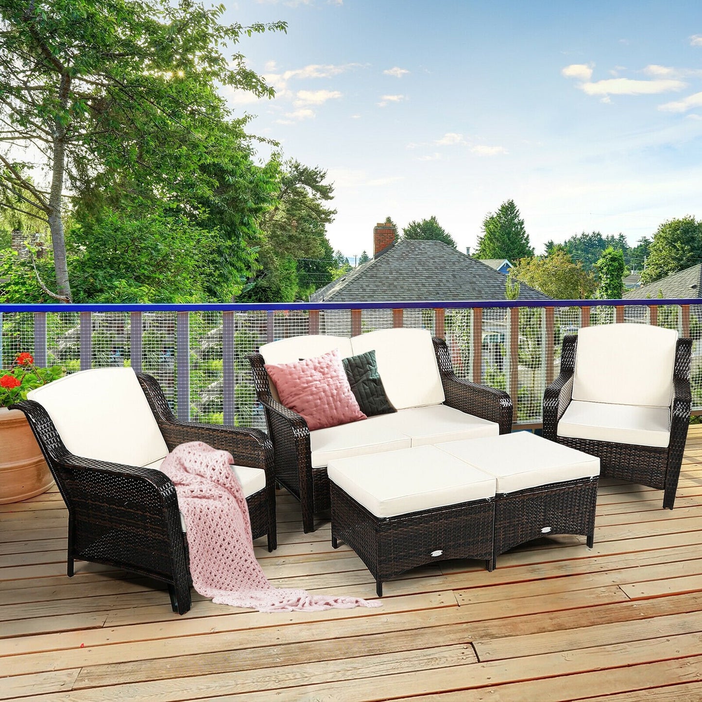 5 Pieces Patio Rattan Sofa Set with Cushion and Ottoman, Off White Outdoor Sectionals   at Gallery Canada