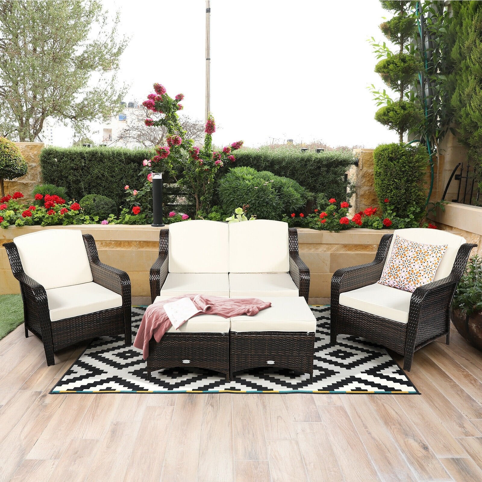 5 Pieces Patio Rattan Sofa Set with Cushion and Ottoman, Off White Outdoor Sectionals   at Gallery Canada