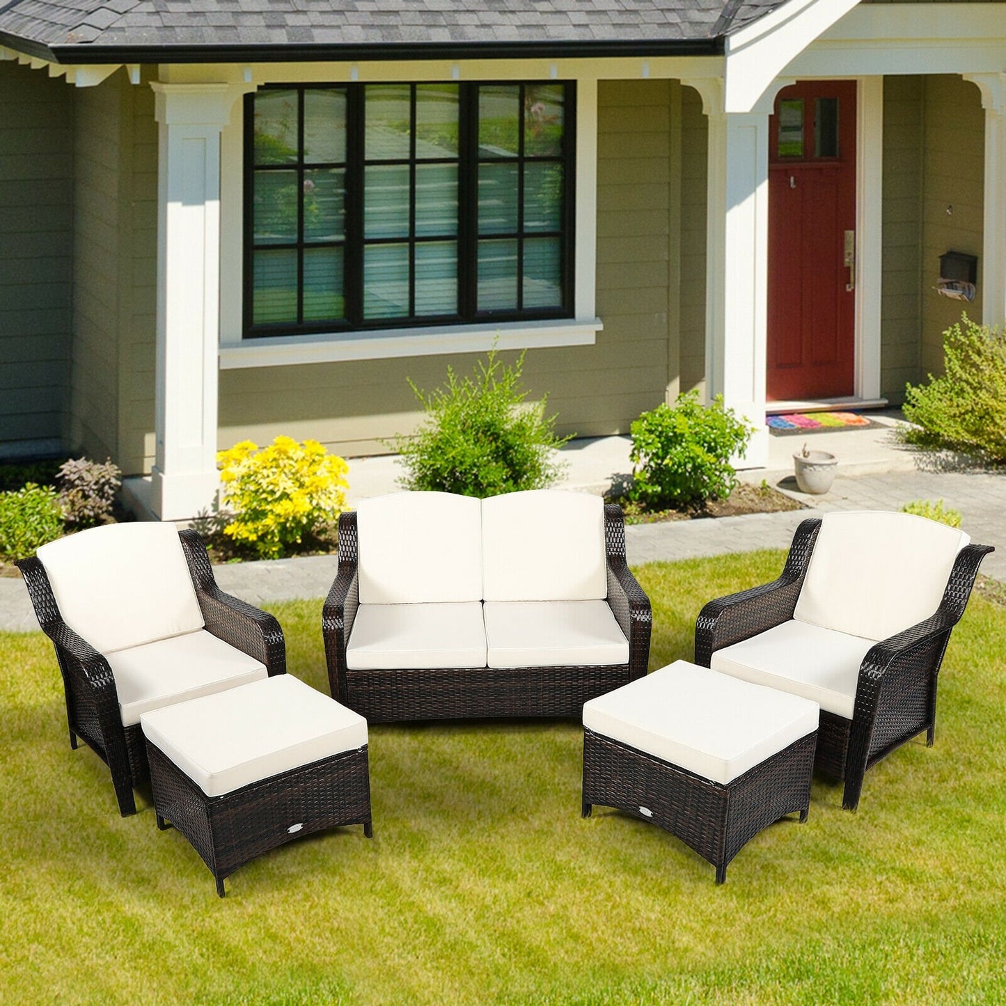 5 Pieces Patio Rattan Sofa Set with Cushion and Ottoman, Off White Outdoor Sectionals   at Gallery Canada