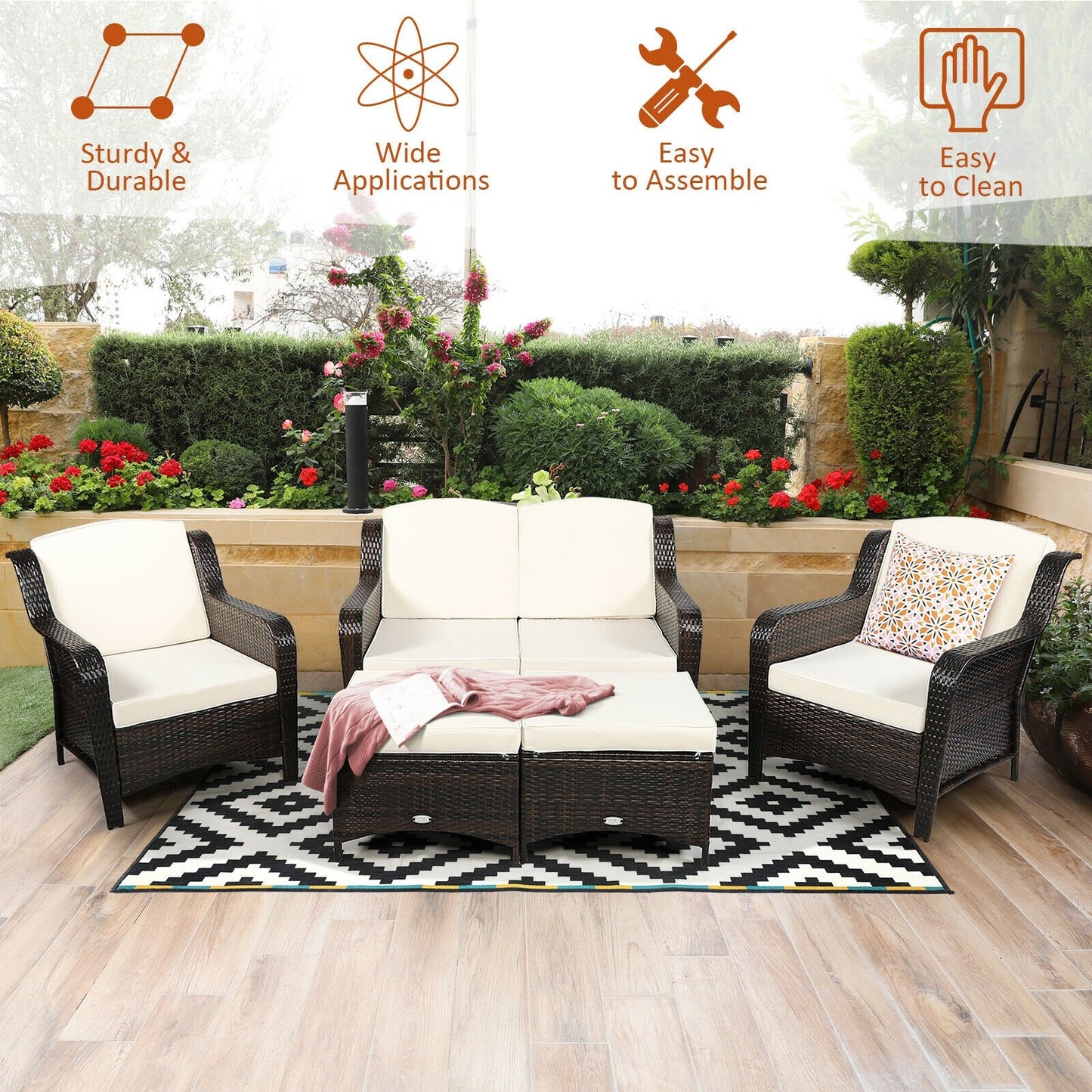 5 Pieces Patio Rattan Sofa Set with Cushion and Ottoman, Off White Outdoor Sectionals   at Gallery Canada