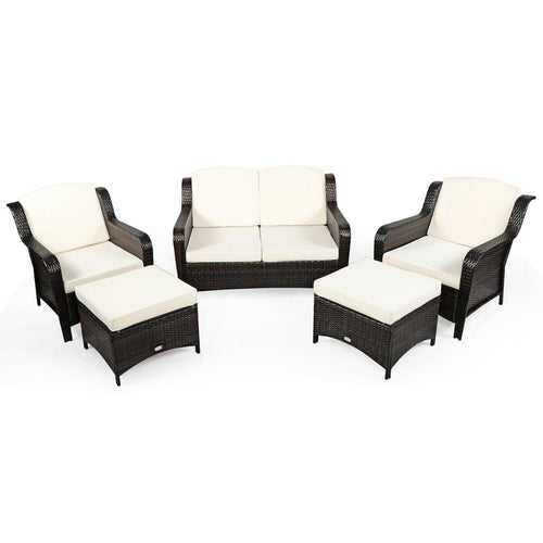 5 Pieces Patio Rattan Sofa Set with Cushion and Ottoman, Off White