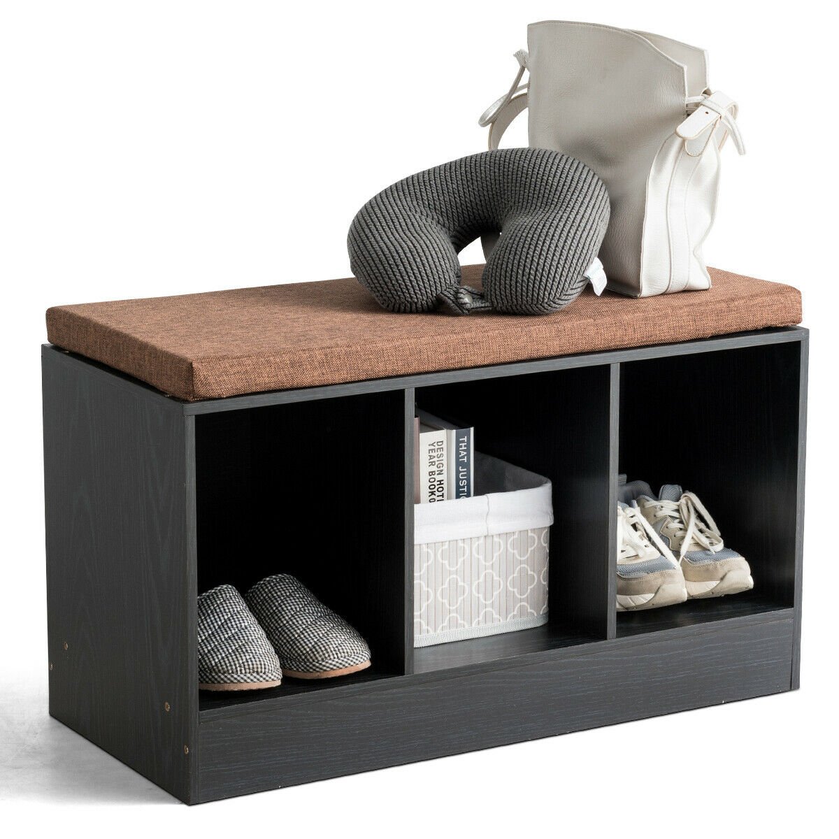 Shoe Bench with Padded Cushion and 3-Cube Storage Box, Black - Gallery Canada