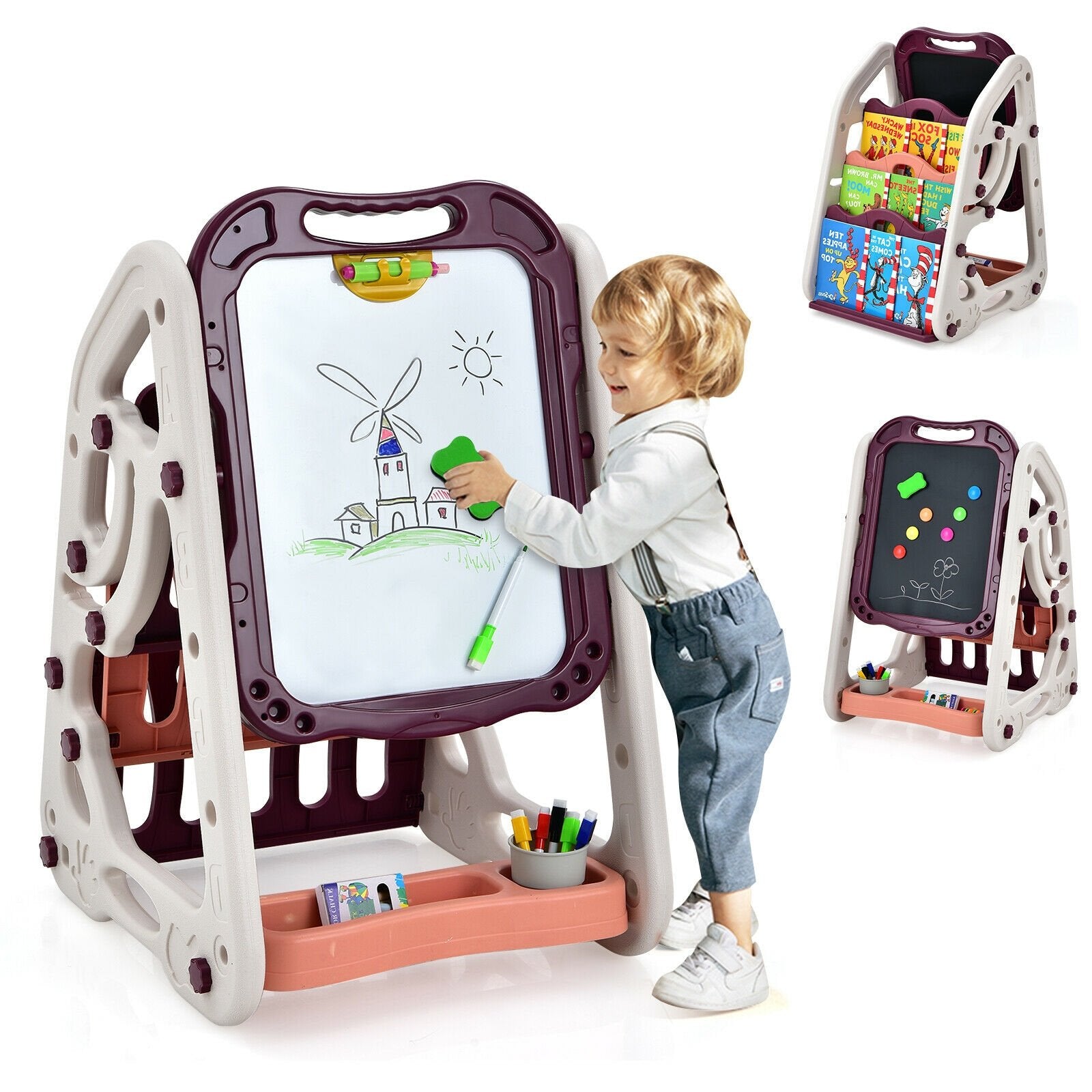 3-in-1 Kids Art Easel Double-Sided Tabletop Easel with Art Accessories, Red - Gallery Canada