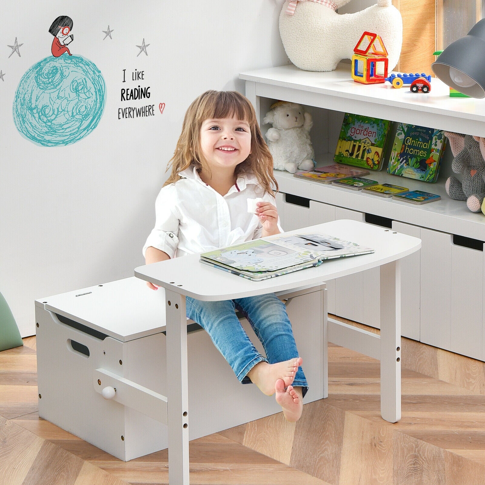 3-in-1 Kids Convertible Storage Bench Wood Activity Table and Chair Set, White Kids Table & Chair Sets at Gallery Canada