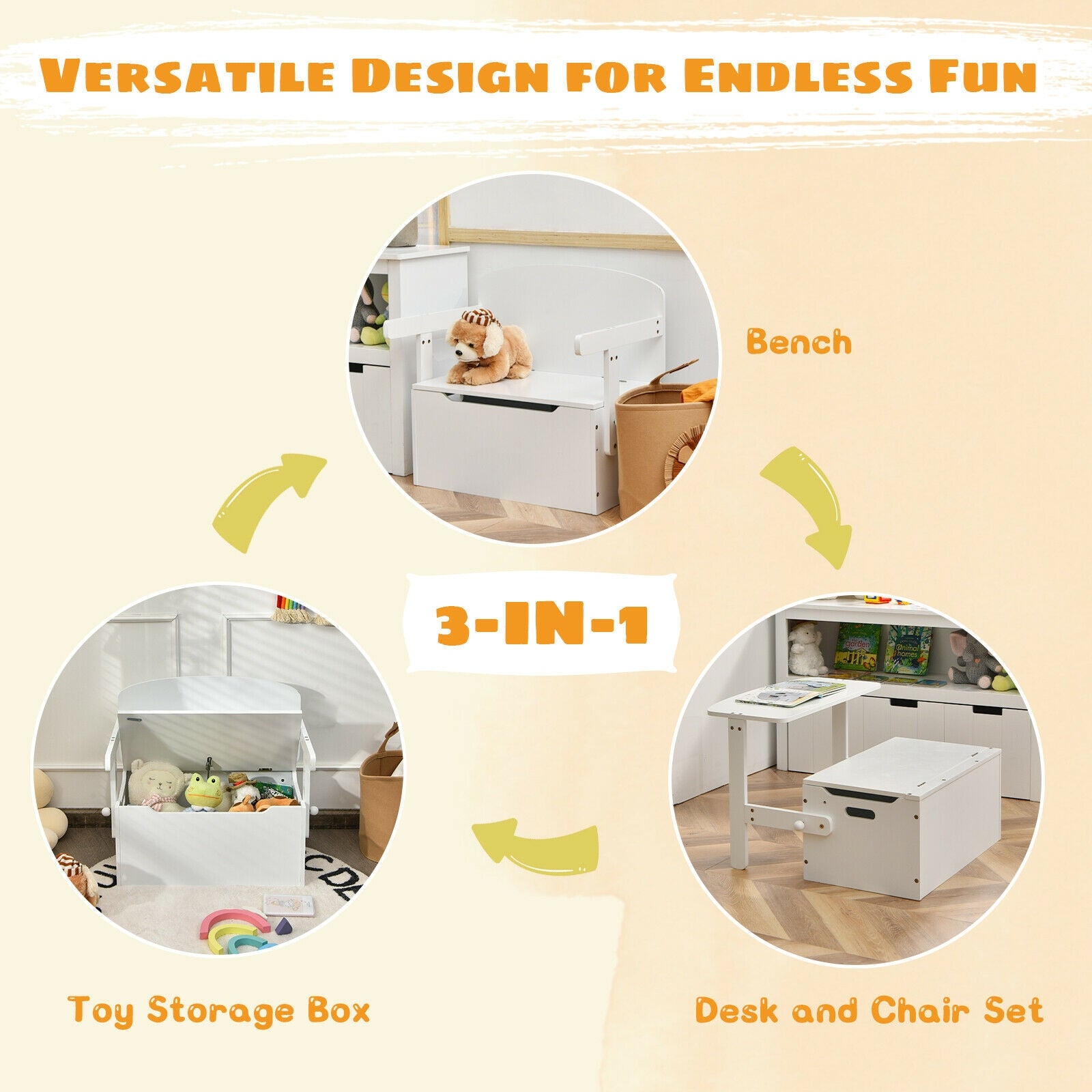 3-in-1 Kids Convertible Storage Bench Wood Activity Table and Chair Set, White Kids Table & Chair Sets at Gallery Canada