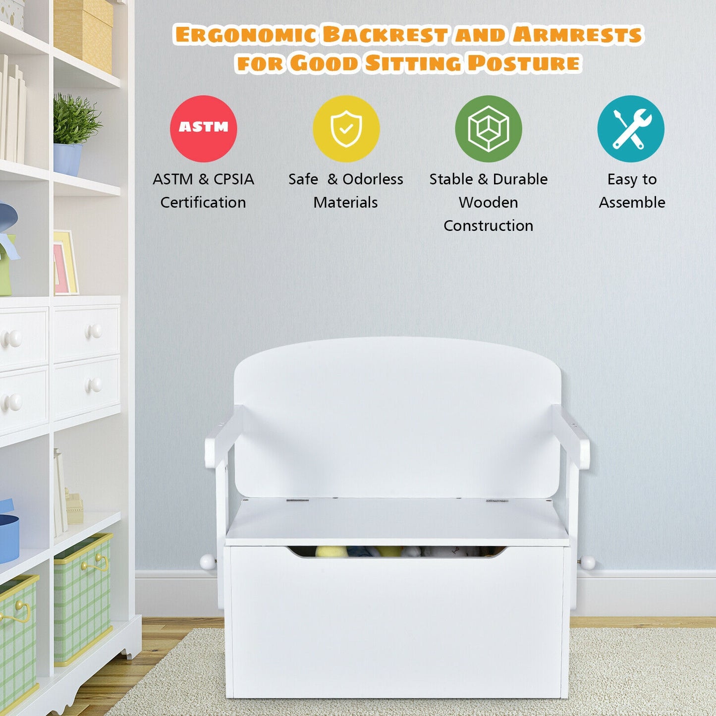 3-in-1 Kids Convertible Storage Bench Wood Activity Table and Chair Set, White Kids Table & Chair Sets   at Gallery Canada