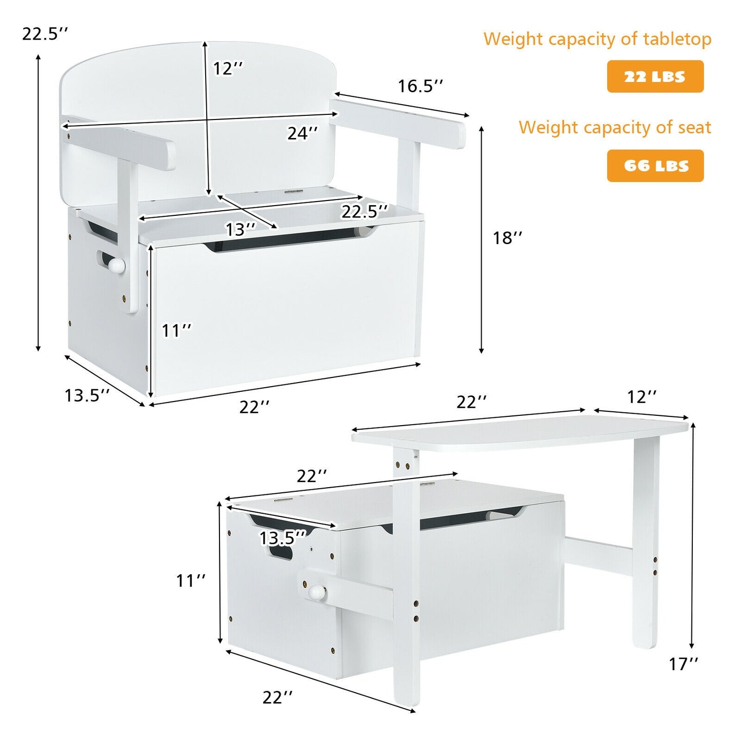 3-in-1 Kids Convertible Storage Bench Wood Activity Table and Chair Set, White Kids Table & Chair Sets   at Gallery Canada