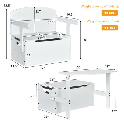 3-in-1 Kids Convertible Storage Bench Wood Activity Table and Chair Set, White Kids Table & Chair Sets   at Gallery Canada