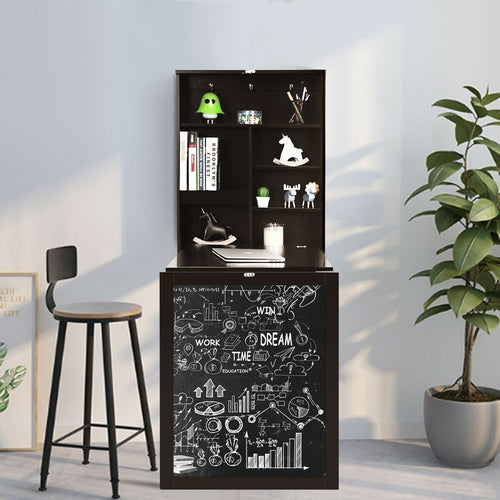 Convertible Wall Mounted Table with A Chalkboard, Brown