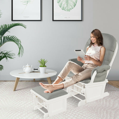 Wood Baby Glider and Ottoman Cushion Set with Padded Armrests, Light Gray
