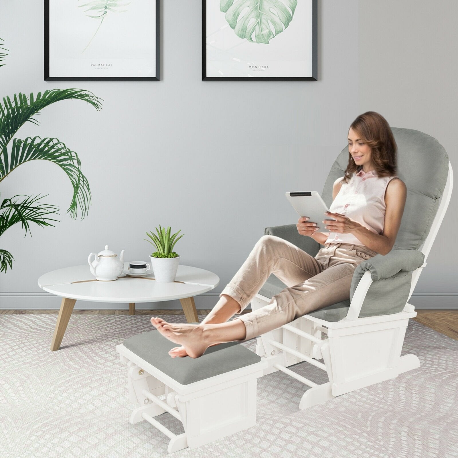 Wood Baby Glider and Ottoman Cushion Set with Padded Armrests for Nursing, Light Gray Recliners   at Gallery Canada