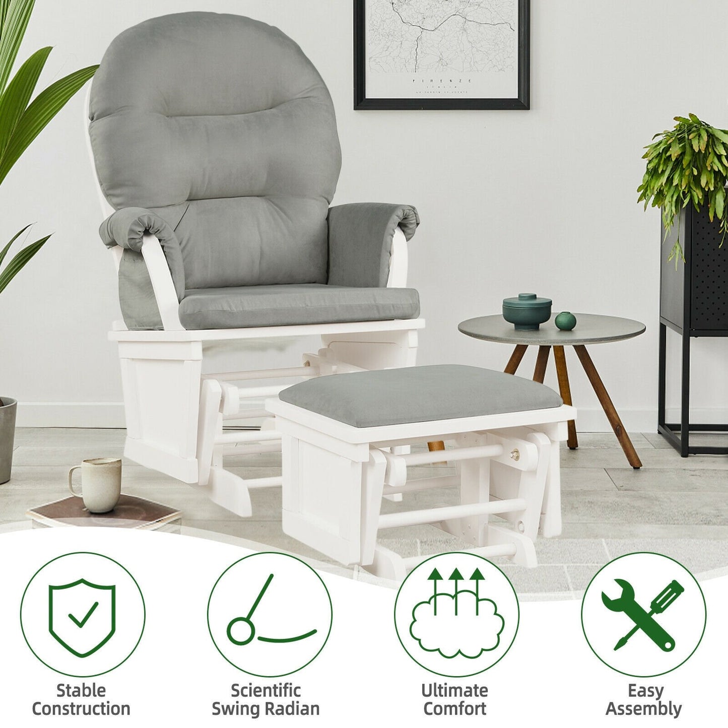 Wood Baby Glider and Ottoman Cushion Set with Padded Armrests for Nursing, Light Gray Recliners   at Gallery Canada