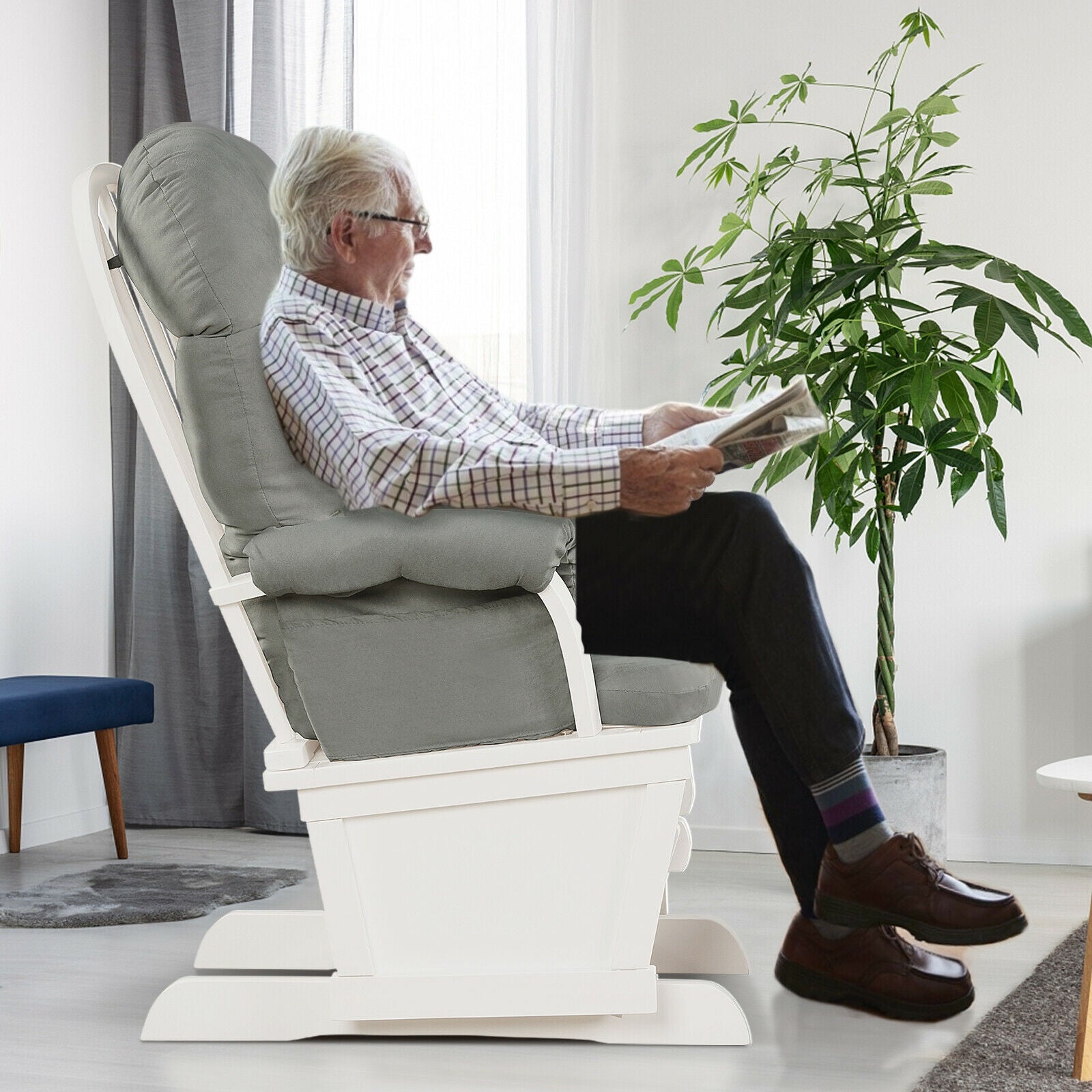 Wood Baby Glider and Ottoman Cushion Set with Padded Armrests, Light Gray Recliners at Gallery Canada