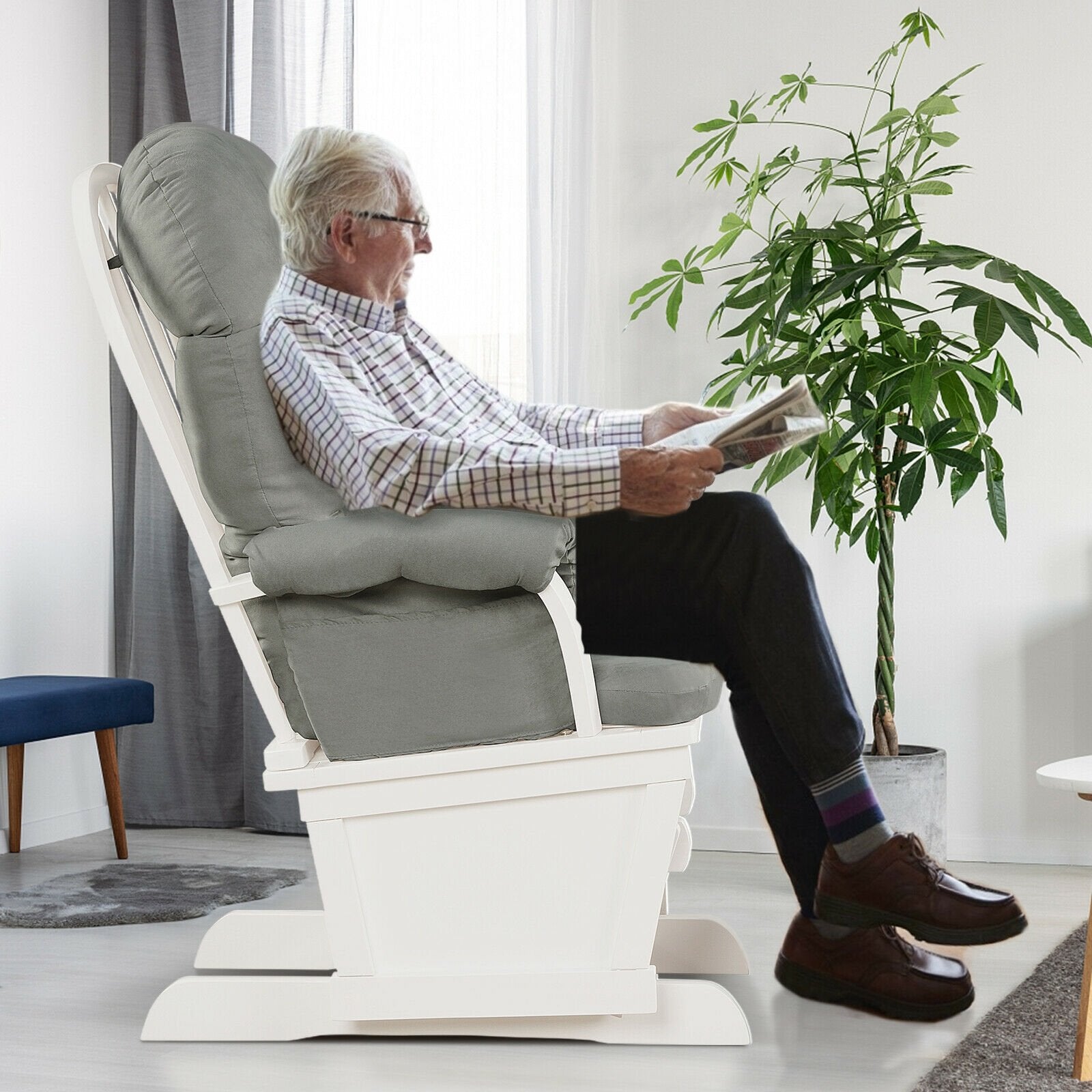 Wood Baby Glider and Ottoman Cushion Set with Padded Armrests for Nursing, Light Gray Recliners   at Gallery Canada