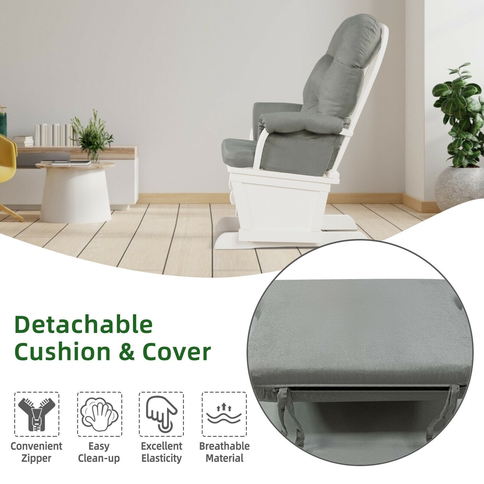 Wood Baby Glider and Ottoman Cushion Set with Padded Armrests for Nursing, Light Gray Recliners   at Gallery Canada