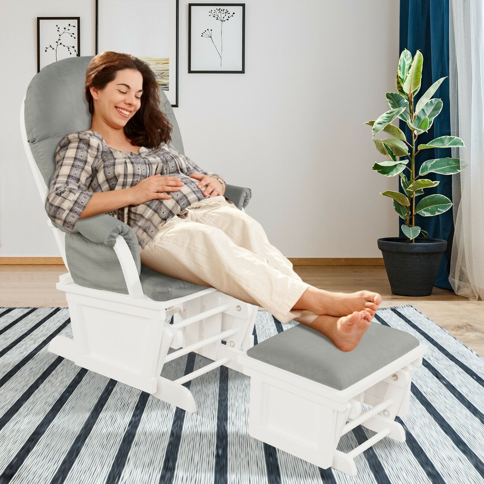 Wood Baby Glider and Ottoman Cushion Set with Padded Armrests for Nursing, Light Gray - Gallery Canada