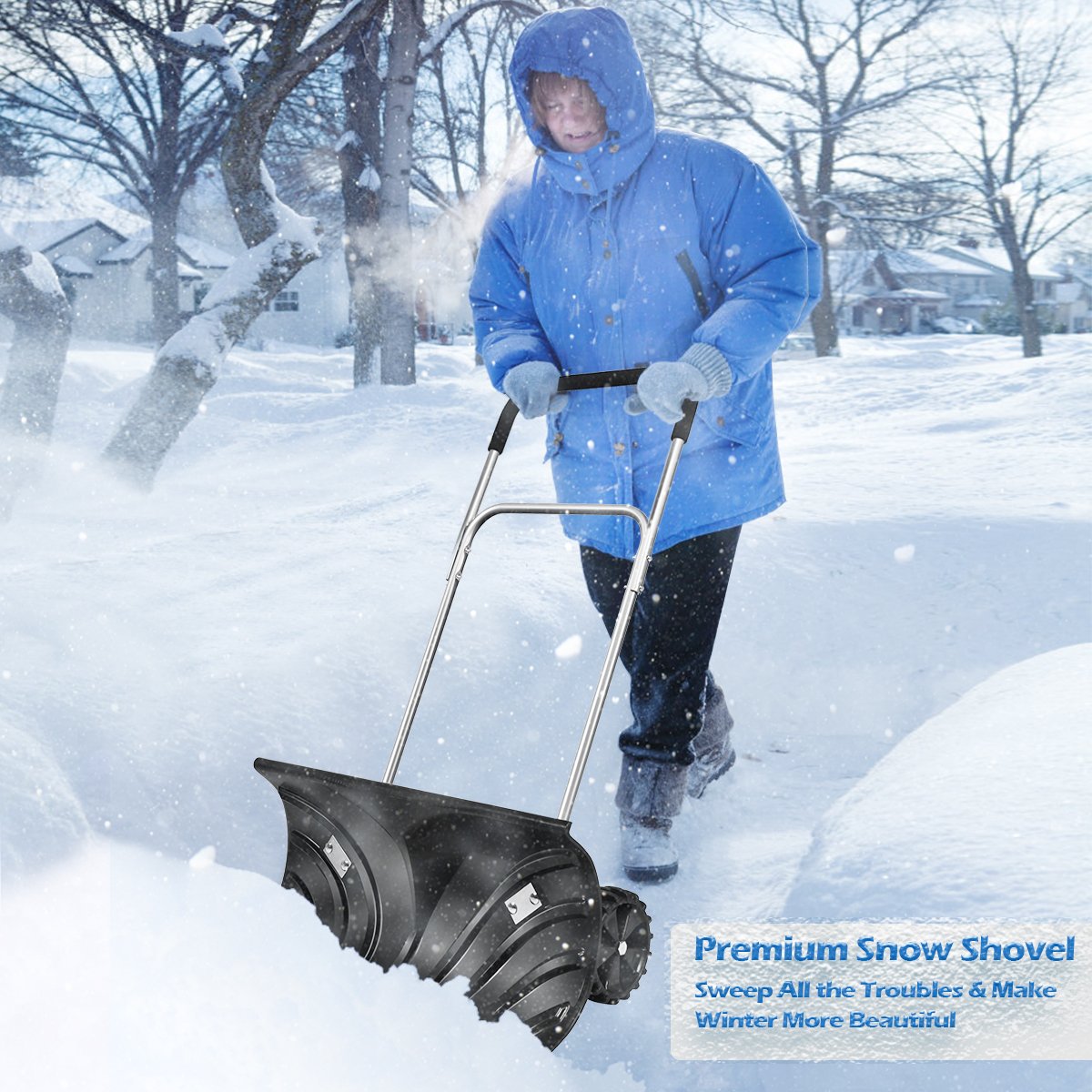 Rolling Snow Pusher Shovel with Adjustable Handle, Black Snow Removal   at Gallery Canada